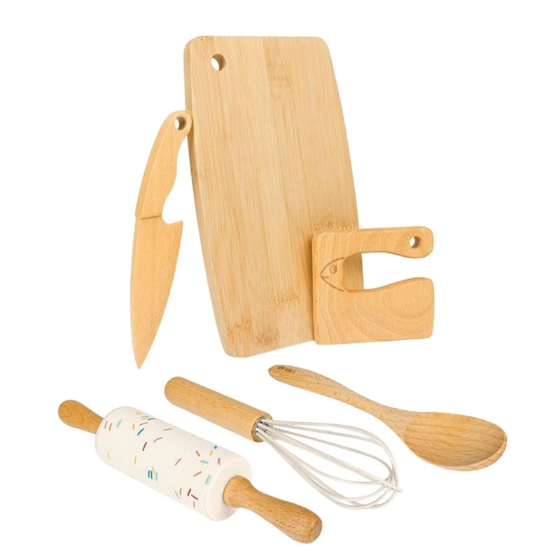 Kitchen Kids Baking Set - ชุดมีดไม้สำหรับเด็กและชุดอุปกรณ์ทำขนมสำหรับเด็กเล็ก ช่วยให้เด็กได้ฝึกทำอาหารจริง 6 ชิ้น อุปกรณ์ครัวสำหรับเด็กเล็กตามแนวคิดมอนเตสซอรี พร้อมเขียงสำหรับหั่น