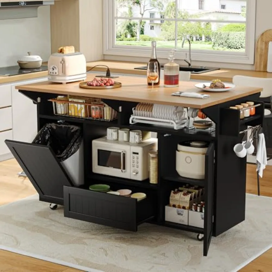 Kitchen Uncle - 65 เกาะกลางครัวพร้อมที่พับเก็บได้ โต๊ะเกาะกลางครัวแบบเคลื่อนย้ายได้ พร้อมช่องเก็บถังขยะ ไม้ สีธรรมชาติ
