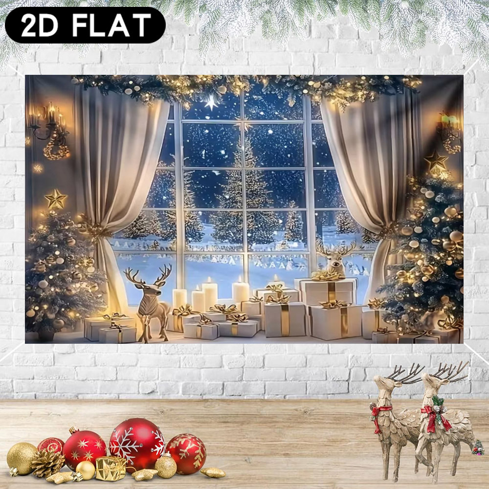 Kitchen Baking Background - แบนเนอร์พื้นหลังคริสต์มาสฤดูหนาวสีขาว โปสเตอร์ผ้าทอ ต้นคริสต์มาส เตาผิง ห้องครัว ทำขนม