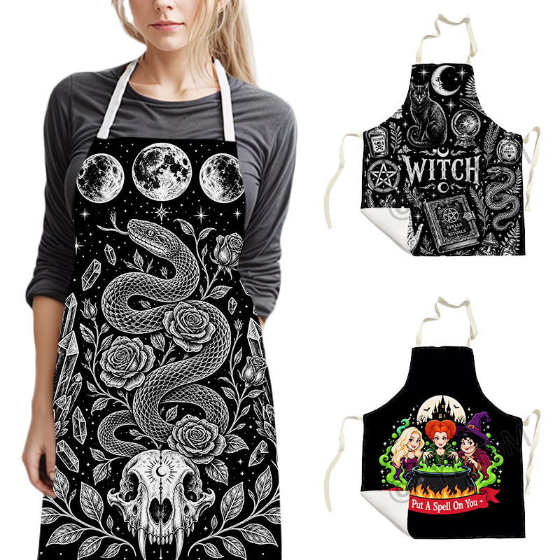 Kitchen Witch Baking - ผ้ากันเปื้อนสไตล์โกธิค แม่มด ลึกลับ ลายงู พระจันทร์ หัวกะโหลก